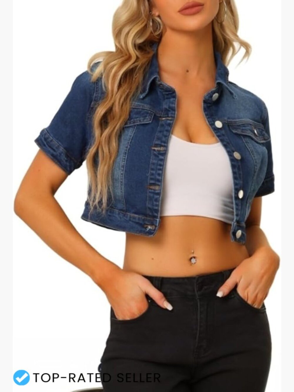 Crop Denim Jacket Casual Short Sleeve Jean Jacket Classic Button Up